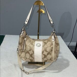 Coach Beige and White Signature Shoulder Bag